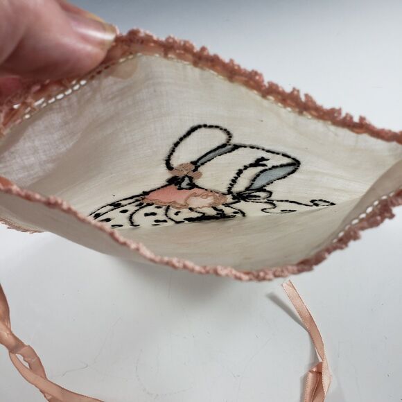 Estate VTG Childs Drawstring Purse Lavender Sachet Hand Embroidered Girl Bonnet - Picture 6 of 7